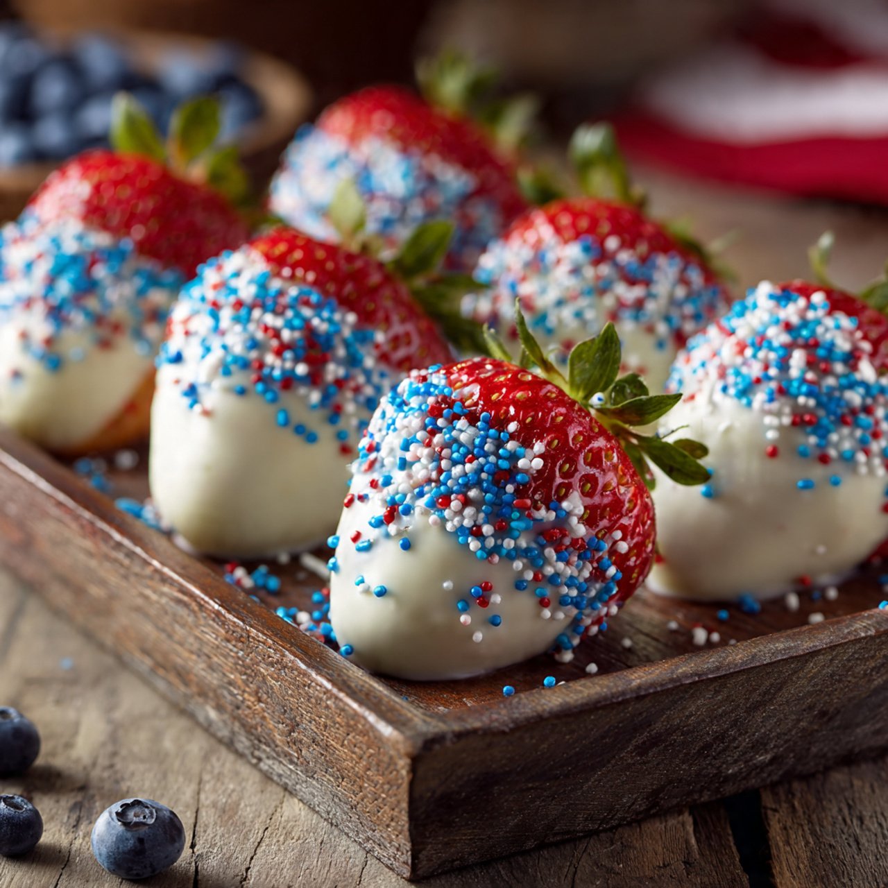White chocolate covered 4th of July Strawberries with blue sprinkles