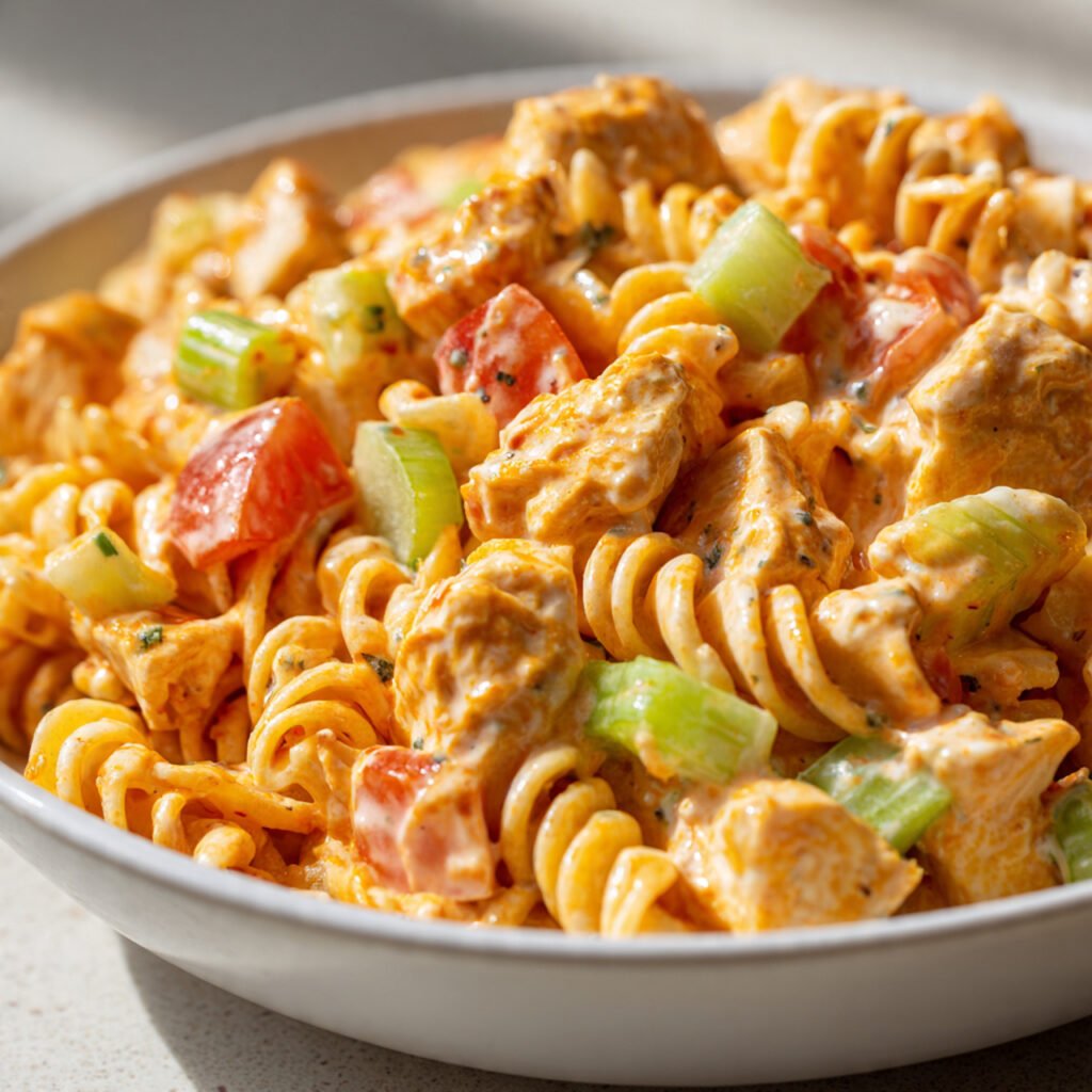 creamy buffalo chicken pasta salad with rotini and celery