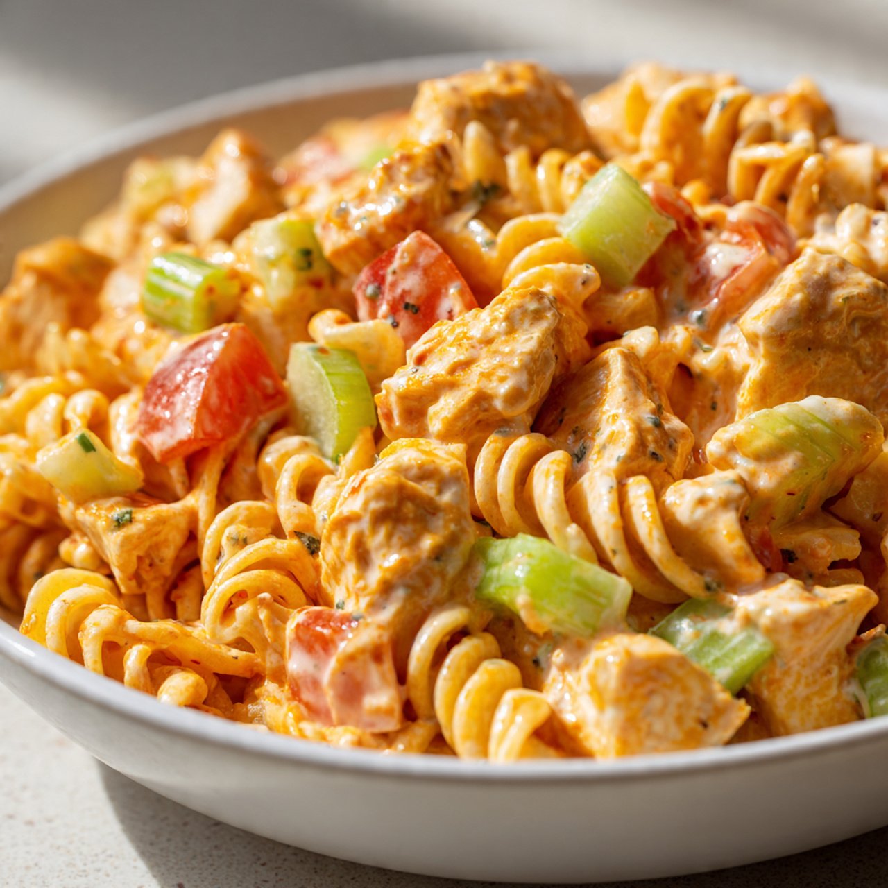 creamy buffalo chicken pasta salad with rotini and celery