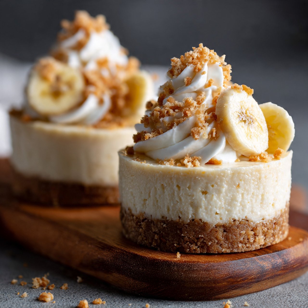 Mini banana mousse cheesecakes with vanilla wafer crust