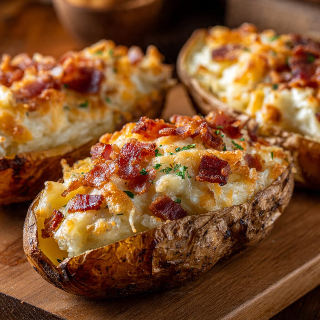 twice baked loaded breakfast potatoes with eggs and cheese