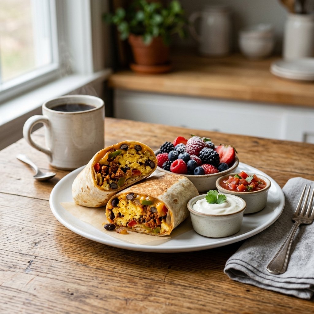 Breakfast burrito served with fresh berries salsa sour cream and coffee on a white plate.