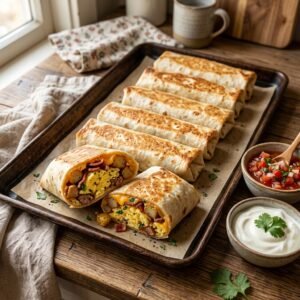 Sheet pan breakfast burritos sliced open showing eggs bacon potatoes and cheese inside.