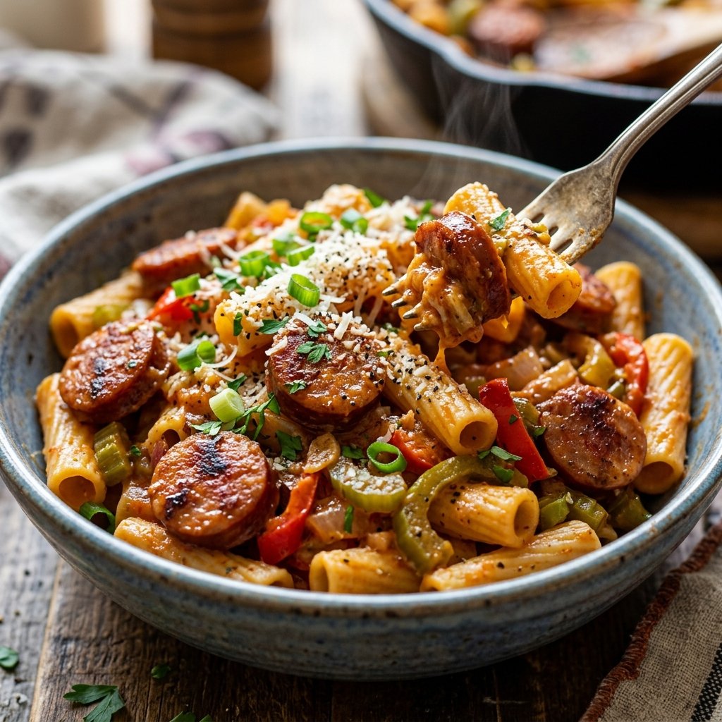 Cajun sausage pasta served with garlic bread and side salad on a white plate.