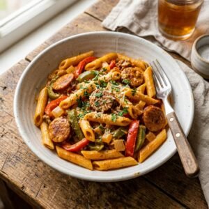 Creamy Cajun sausage pasta with andouille sausage and bell peppers in a white ceramic bowl.