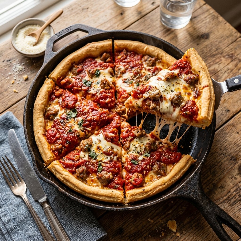 Chicago style deep dish pizza in cast iron skillet sliced showing cheese sausage and sauce.