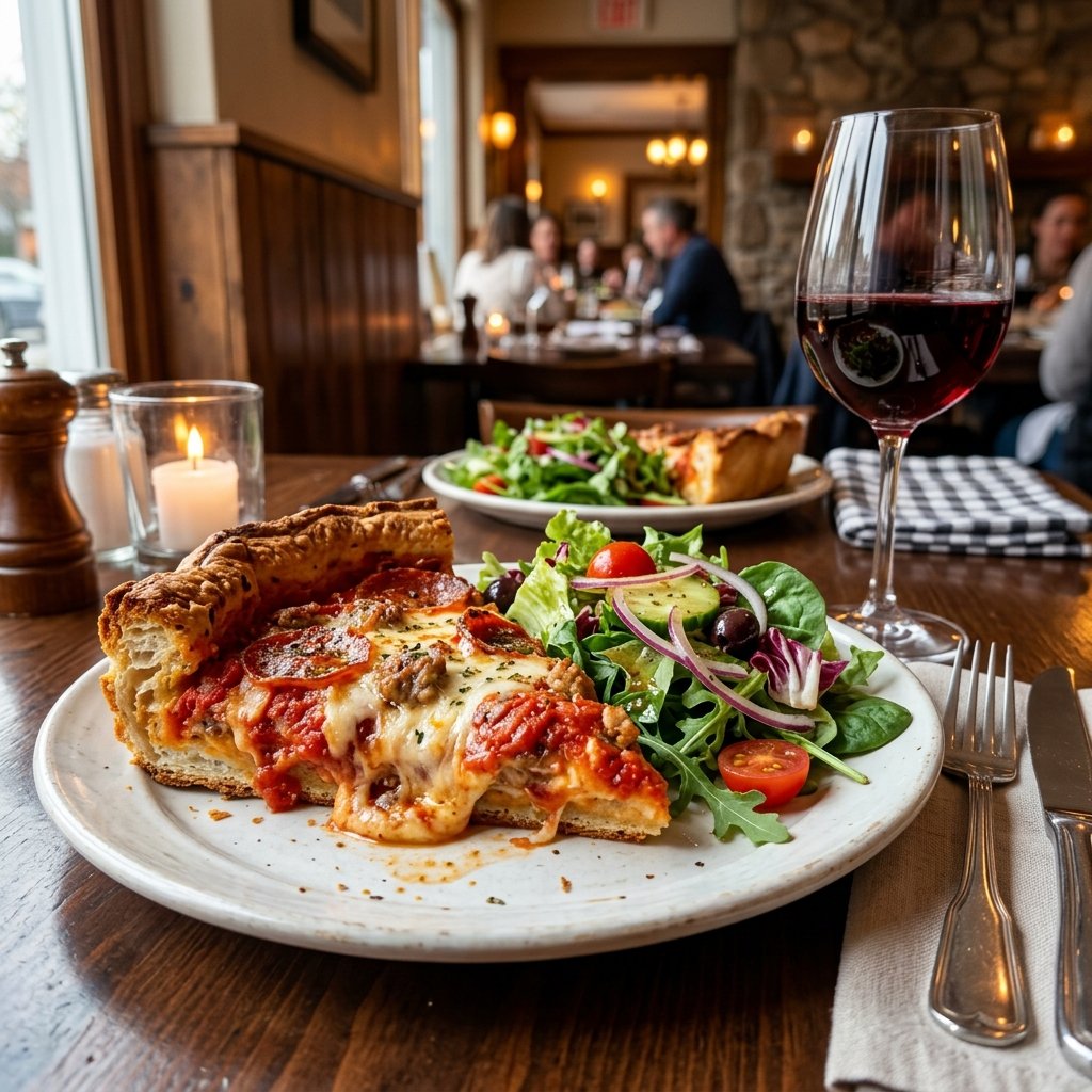 Deep dish pizza slice served with side salad and red wine.