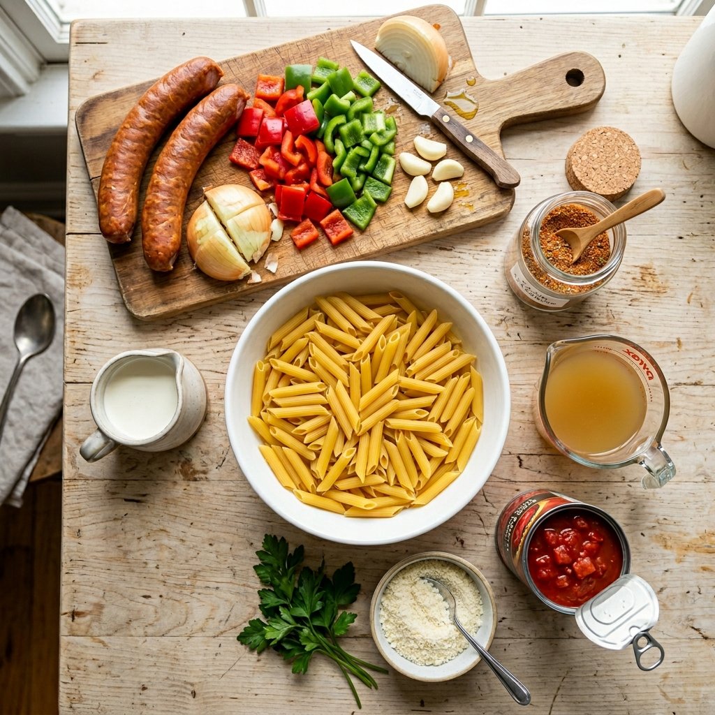 Ingredients for Cajun sausage pasta arranged on a wooden countertop including sausage, peppers, onion, Cajun seasoning, pasta, and cream.