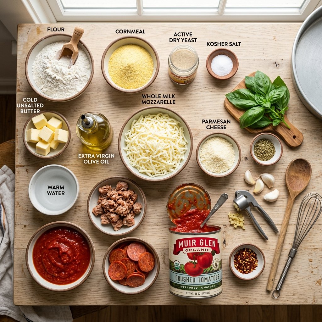 Ingredients for homemade Chicago deep dish pizza arranged on a wooden countertop.