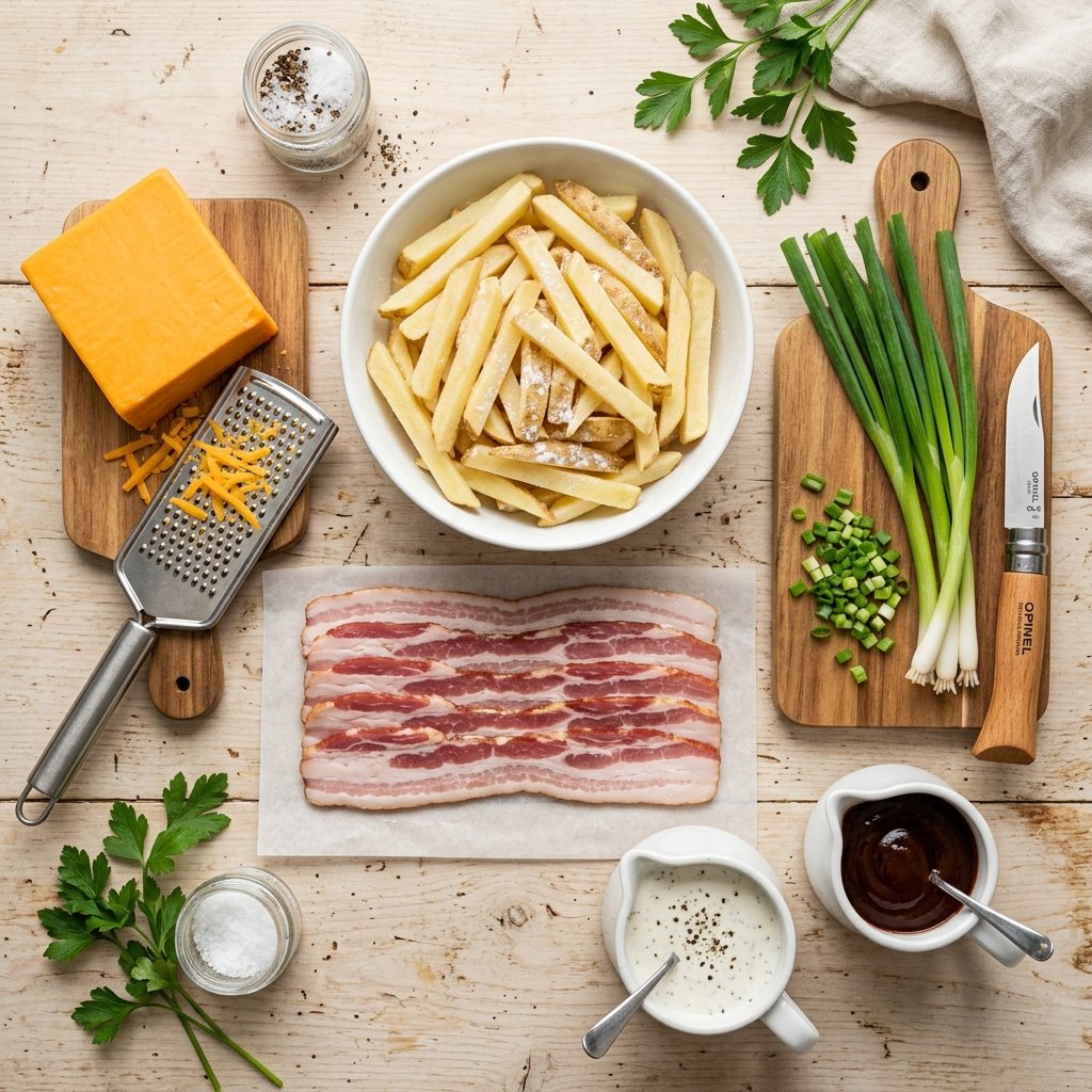 Ingredients for loaded fries arranged on a wooden countertop: raw potato fries, cheddar cheese block, bacon strips, green onions, ranch dressing, and barbecue sauce.