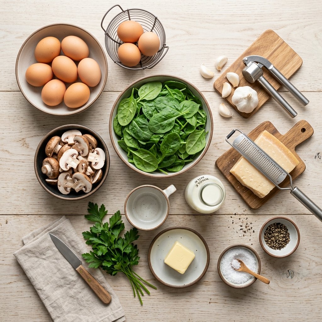 Ingredients for mushroom spinach scrambled eggs arranged on a wooden countertop including eggs mushrooms spinach and Parmesan.