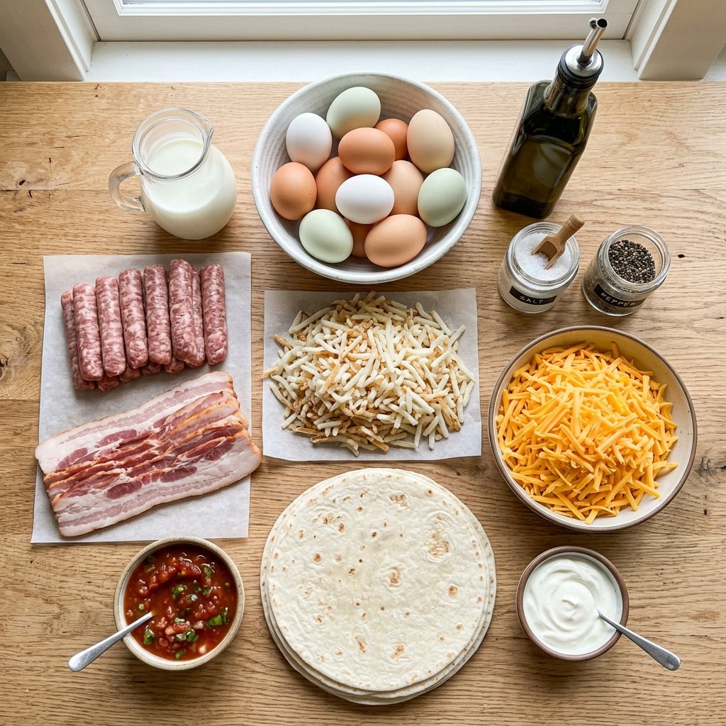 Ingredients for sheet pan breakfast burritos arranged on a wooden countertop including eggs meat potatoes cheese and tortillas.
