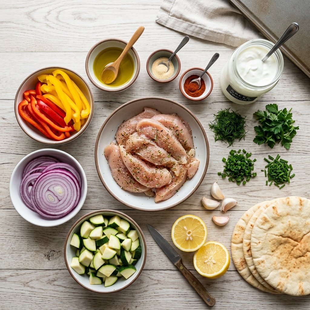 Ingredients for sheet pan chicken pitas arranged on a wooden countertop including chicken, bell peppers, onion, zucchini, spices, and herby ranch components.