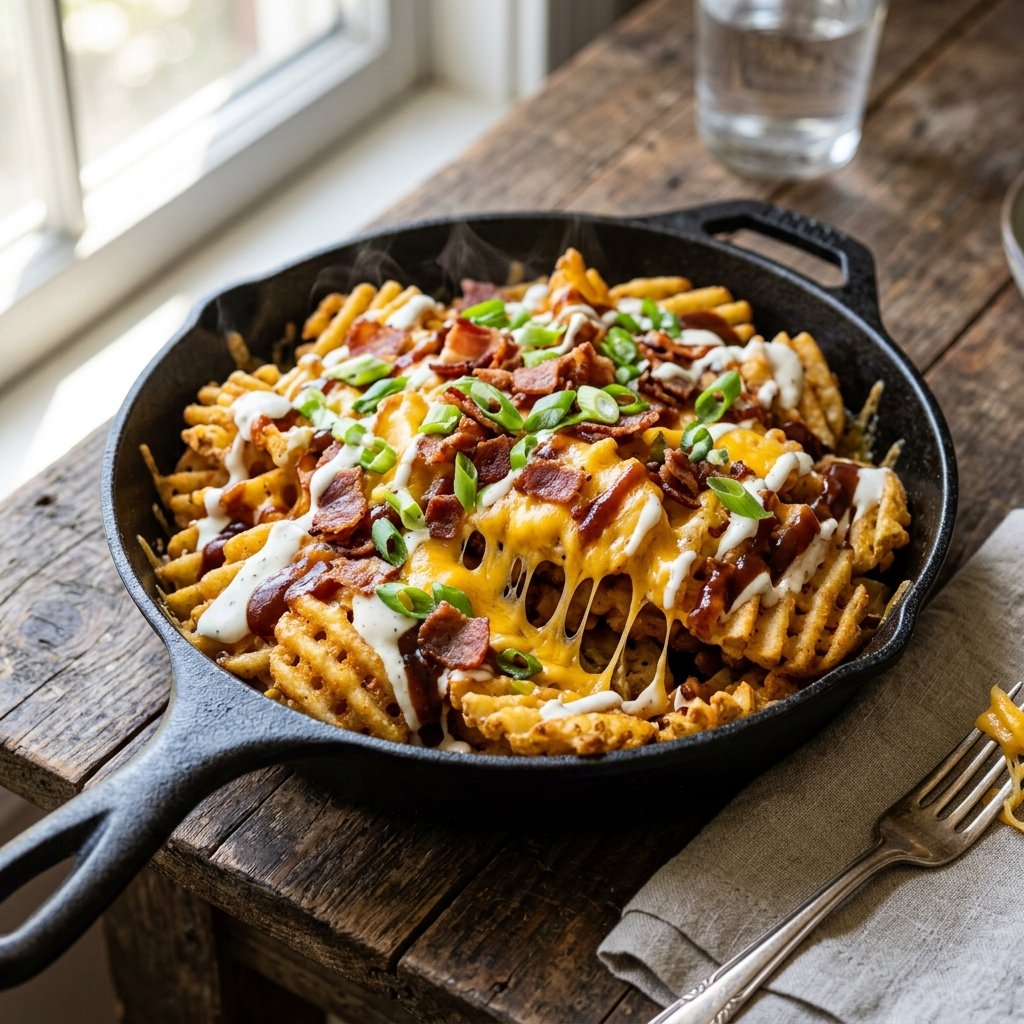 Cast iron skillet of loaded fries topped with melted cheddar cheese, crispy bacon crumbles, sliced green onions, ranch dressing drizzle, and barbecue sauce drizzle on a rustic wooden table.
