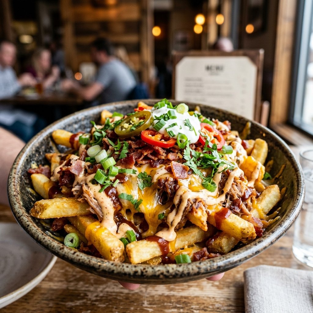 Loaded fries plated on a white ceramic plate with side bowls of ranch and barbecue sauce, served with a cold beer in a cozy pub setting.