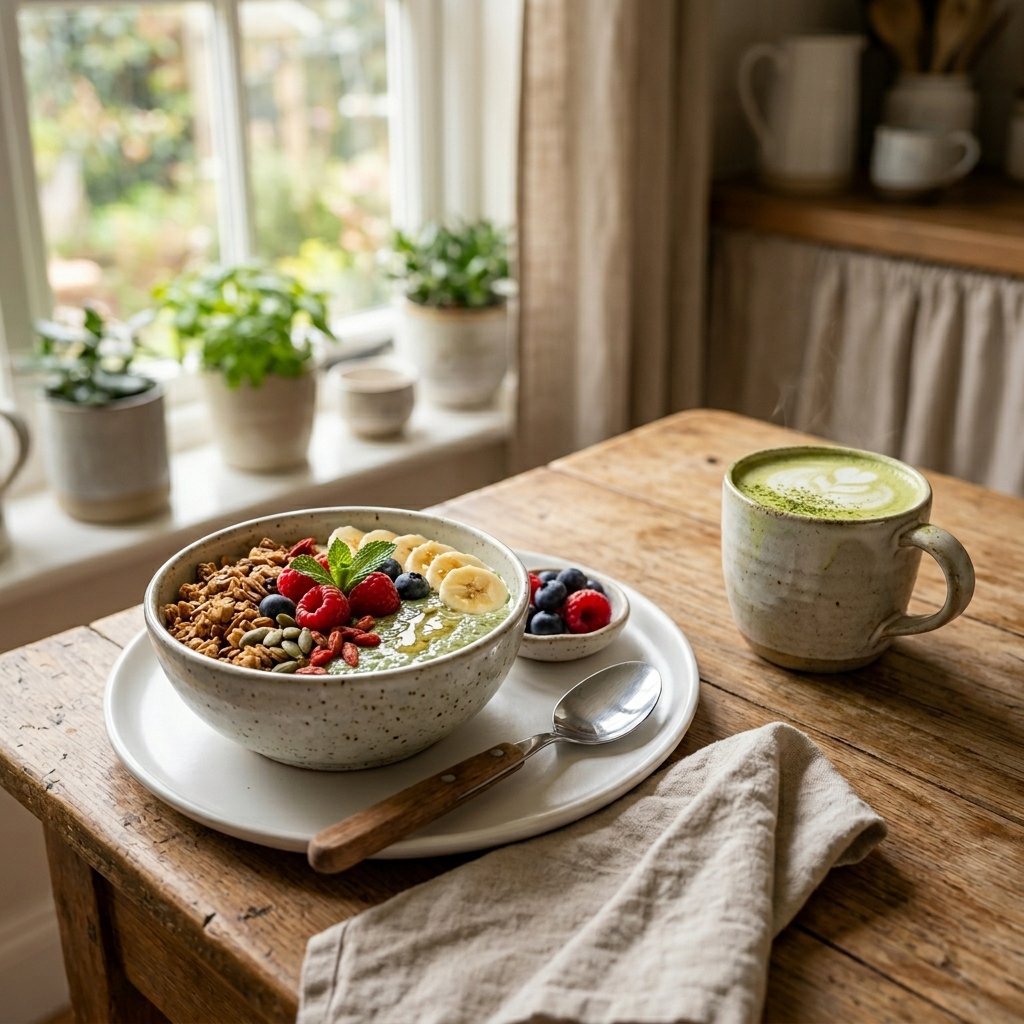 Matcha chia breakfast bowl served with hot matcha latte and fresh berries.