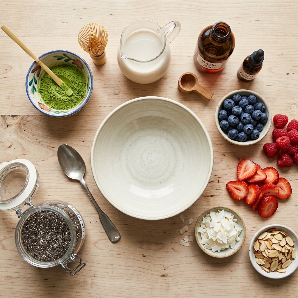  Ingredients for matcha chia breakfast bowl arranged on a wooden countertop including chia seeds matcha berries and toppings.