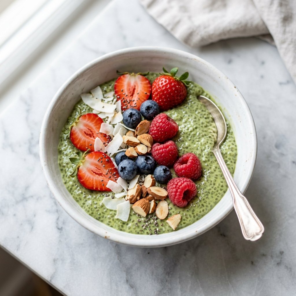 Matcha chia breakfast bowl topped with fresh berries coconut and almonds.