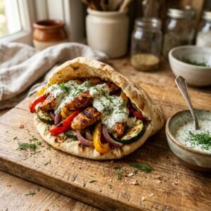 Warm pita filled with roasted chicken and vegetables drizzled with herby ranch on a wooden cutting board.