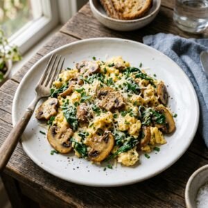 Mushroom spinach scrambled eggs with Parmesan cheese on a white plate.