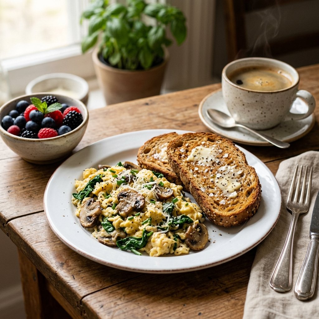 Mushroom spinach scrambled eggs served with whole grain toast fresh berries and coffee on a white plate.