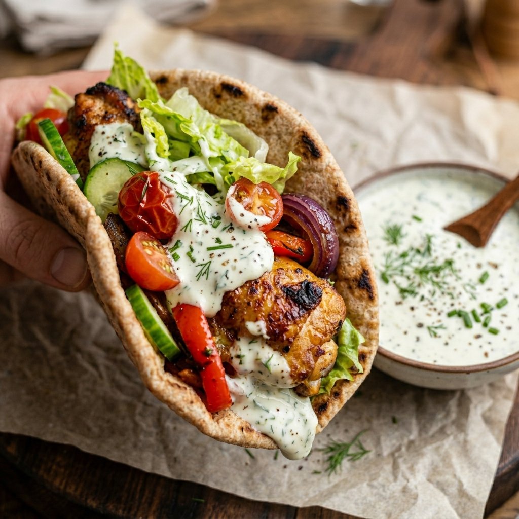 Stuffed chicken pita with herby ranch and side salad served on a white plate with iced tea.