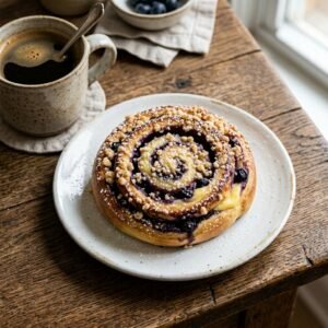 Blueberry custard crumble bun with powdered sugar and coffee on a white plate.