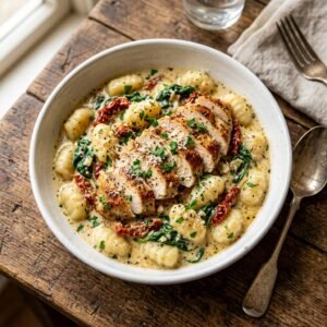 Creamy Tuscan chicken and gnocchi with sun-dried tomatoes and spinach in a white bowl.