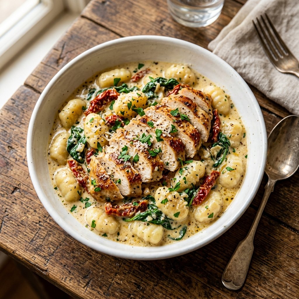 Creamy Tuscan chicken and gnocchi with sun-dried tomatoes and spinach in a white bowl.