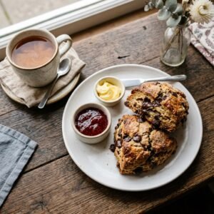 Chocolate chip scones with butter and jam on a white plate with tea.