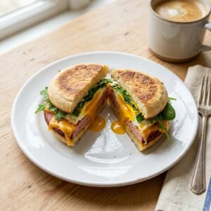 Egg and ham breakfast sandwich on toasted English muffin with melted cheddar cheese.
