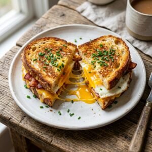 Grilled cheese breakfast sandwich sliced open showing melted cheese egg and bacon inside.