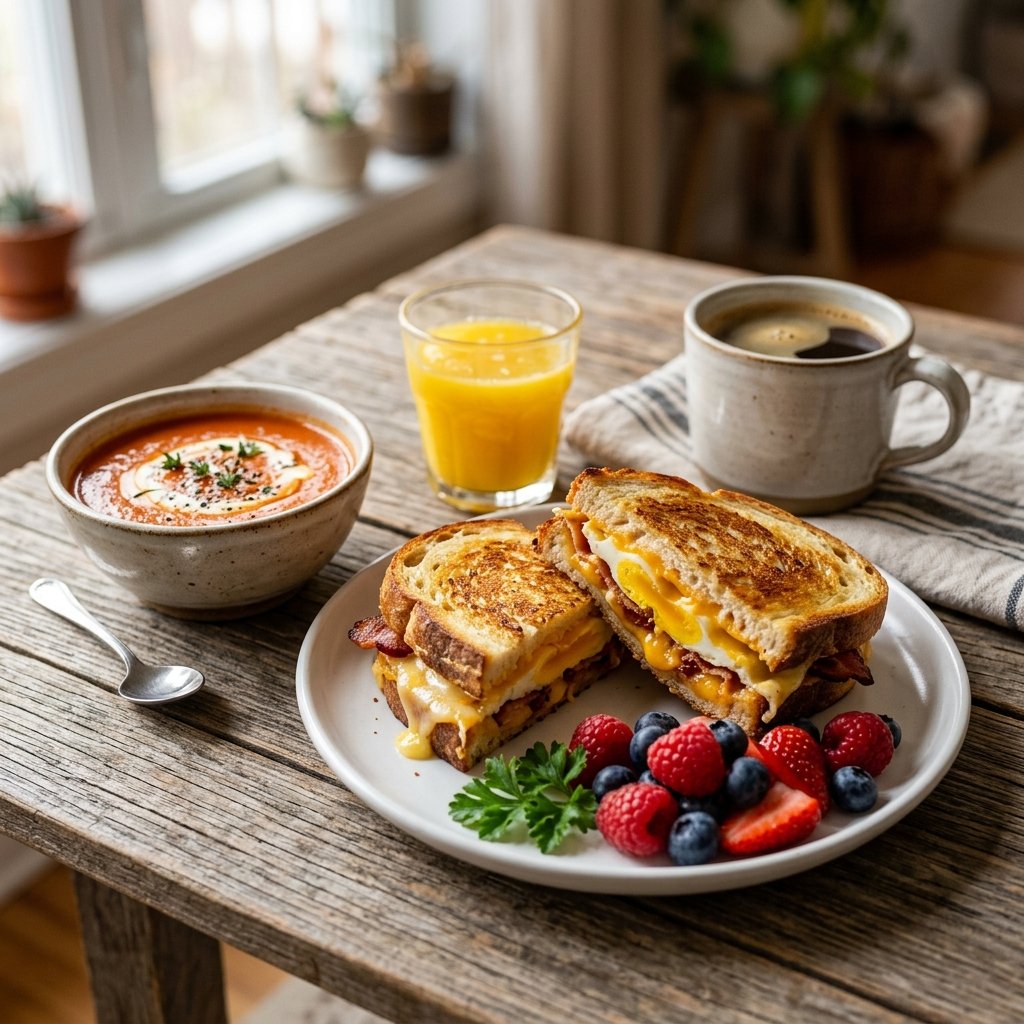Grilled cheese breakfast sandwich served with fresh berries orange juice coffee and tomato soup.