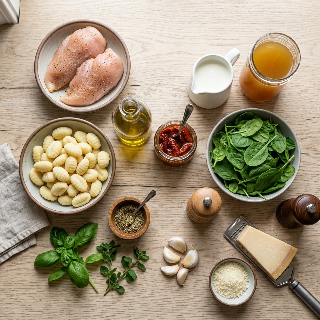 Ingredients for creamy Tuscan chicken and gnocchi arranged on a wooden countertop.