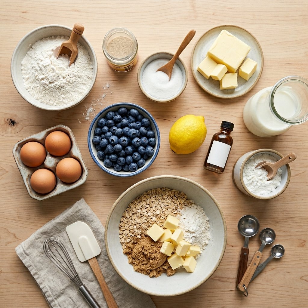 Ingredients for blueberry custard crumble buns arranged on a wooden countertop.