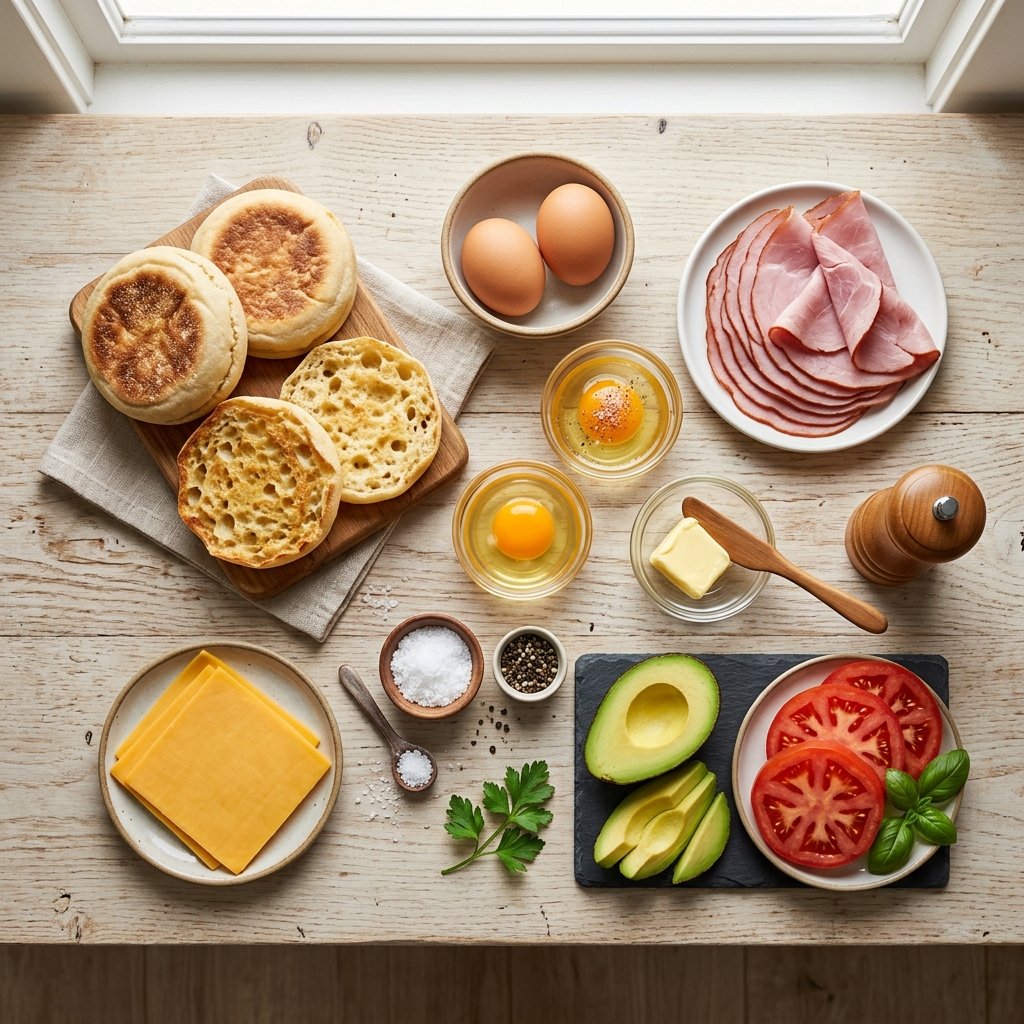  Ingredients for egg and ham breakfast sandwich arranged on a wooden countertop.