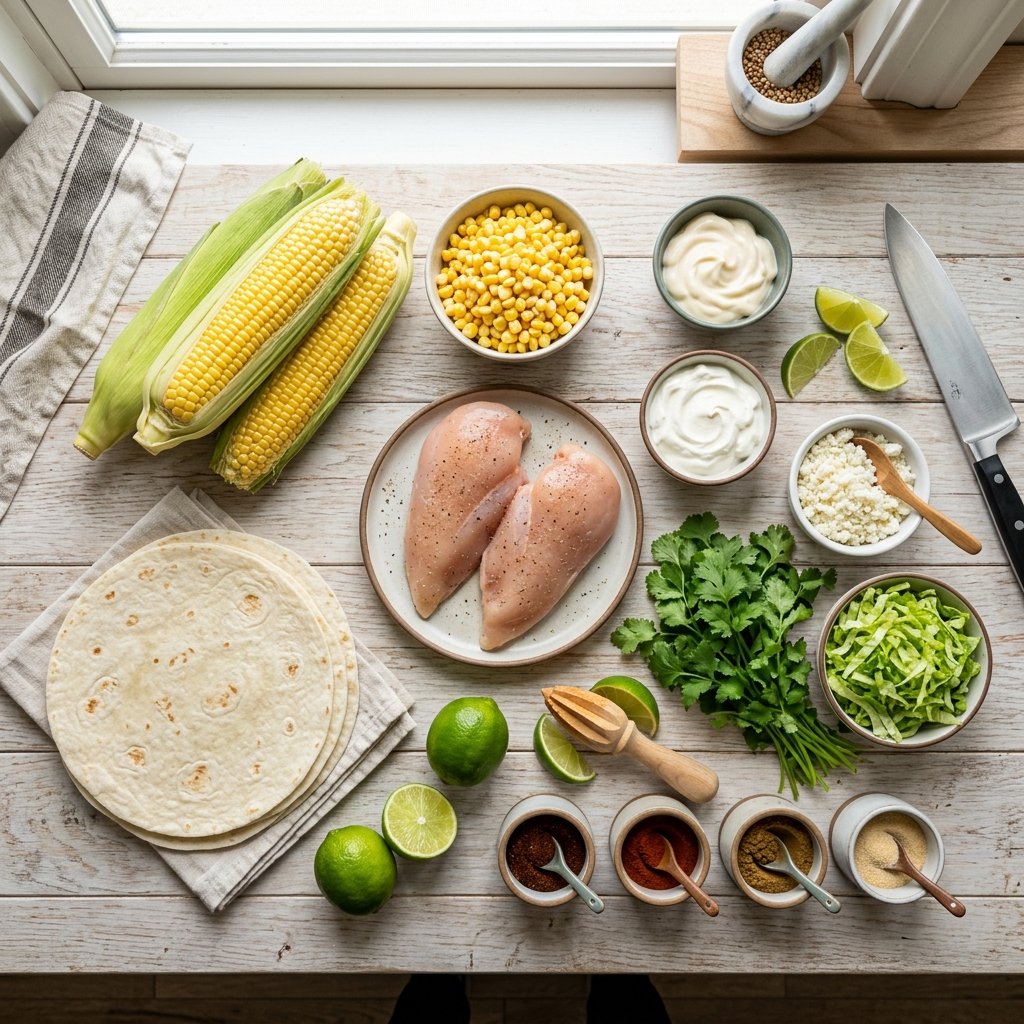 Ingredients for Mexican street corn chicken wraps arranged on a wooden countertop including chicken corn tortillas and cotija cheese.