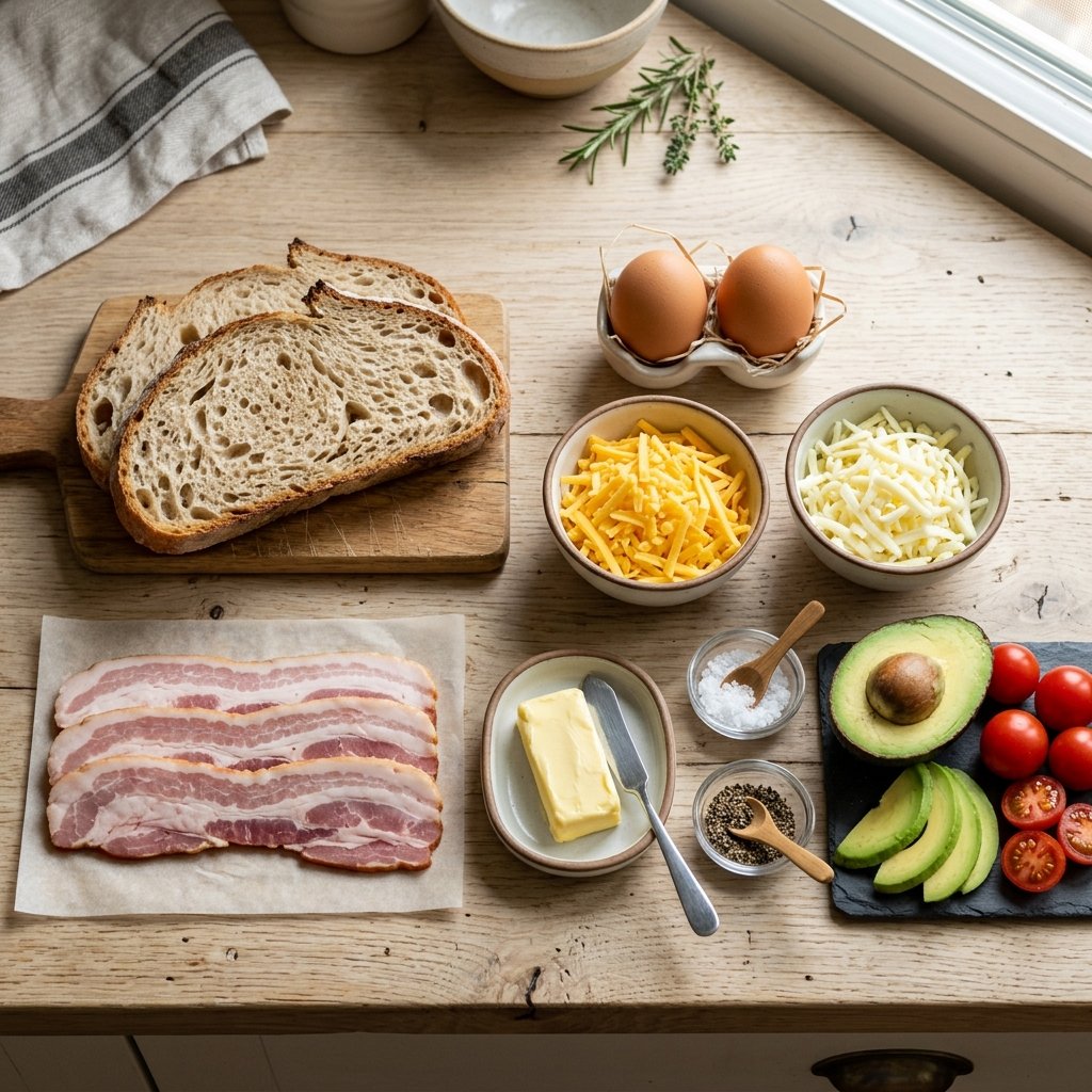 Ingredients for grilled cheese breakfast sandwich arranged on a wooden countertop.
