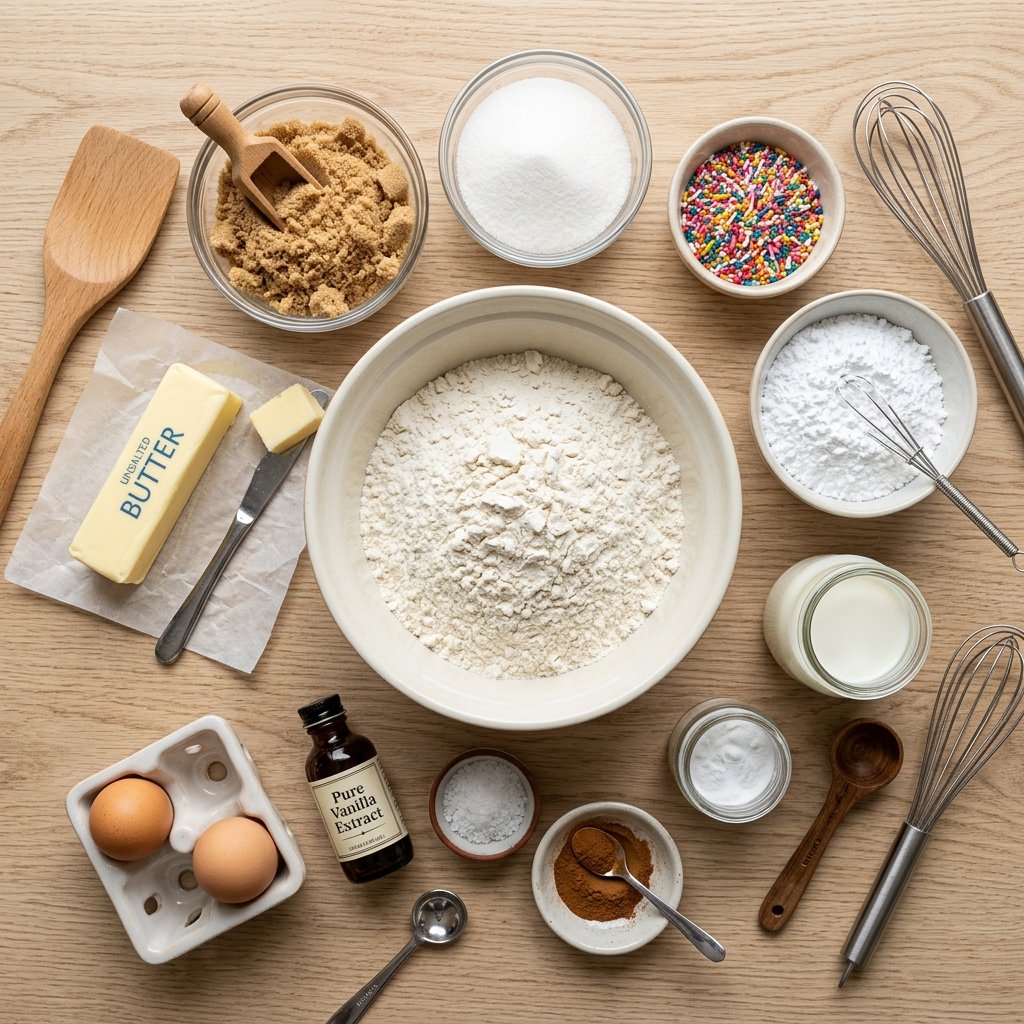 Ingredients for brown sugar pop tart cookies arranged on a wooden countertop.