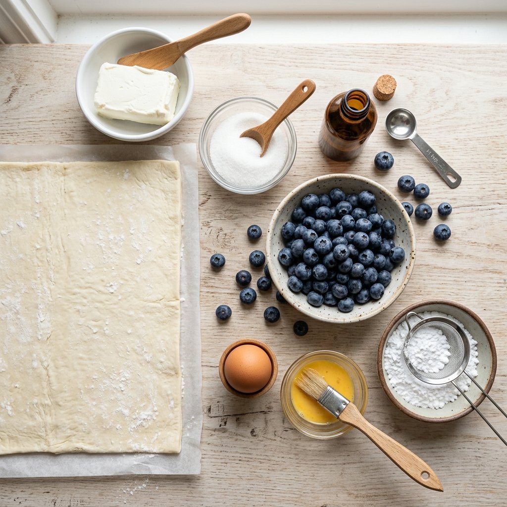 Ingredients for blueberry cream cheese puff pastry arranged on a wooden countertop.