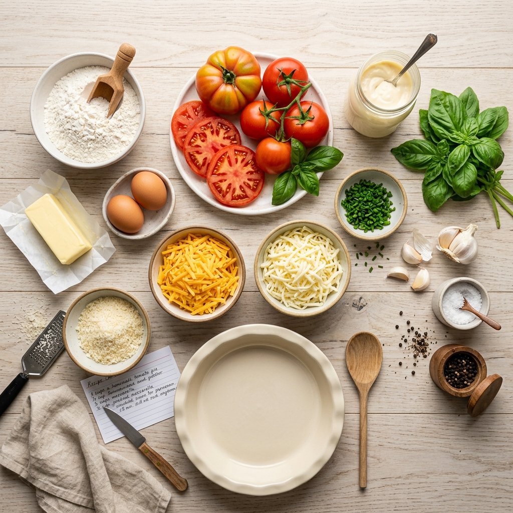Ingredients for tomato pie arranged on a wooden countertop.