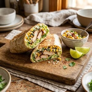 Mexican street corn chicken wrap sliced open showing chicken corn cotija cheese and cilantro inside toasted tortilla.
