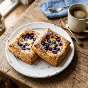 Blueberry cream cheese puff pastries with powdered sugar on a white plate with coffee.