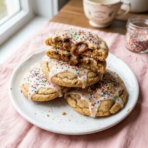 Brown sugar pop tart cookies with vanilla glaze and rainbow sprinkles stacked on a white plate.