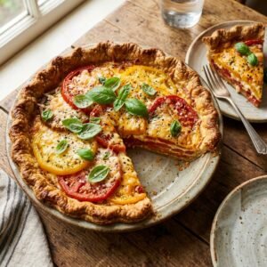 Southern tomato pie with golden crust and creamy cheesy tomato filling.